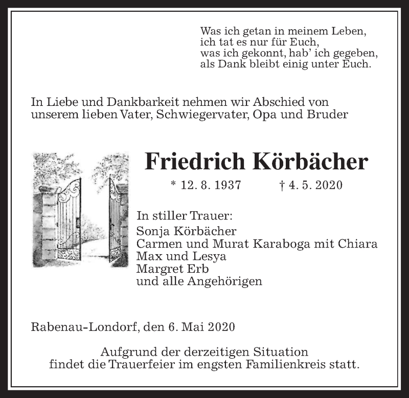  Traueranzeige für Friedrich Körbächer vom 06.05.2020 aus Giessener Allgemeine, Alsfelder Allgemeine