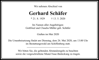 Traueranzeige von Gerhard Schäfer von Giessener Allgemeine, Alsfelder Allgemeine