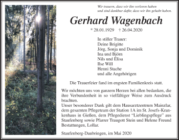 Traueranzeige von Gerhard Wagenbach von Giessener Allgemeine, Alsfelder Allgemeine