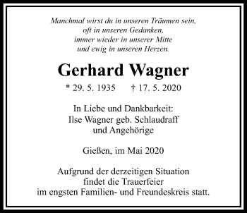 Traueranzeige von Gerhard Wagner von Giessener Allgemeine, Alsfelder Allgemeine