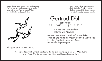 Traueranzeige von Gertrud Döll von Giessener Allgemeine, Alsfelder Allgemeine