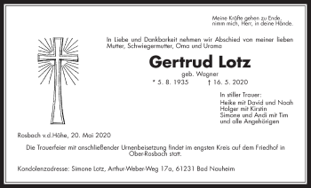 Traueranzeige von Gertrud Lotz von Wetterauer Zeitung