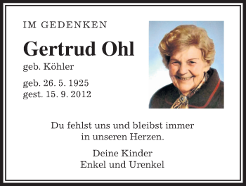 Traueranzeige von Gertrud Ohl von Wetterauer Zeitung