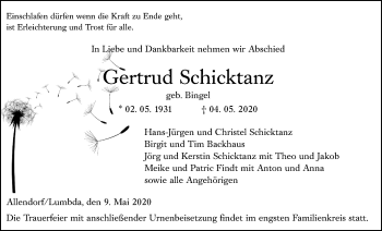 Traueranzeige von Gertrud Schicktanz von Giessener Allgemeine, Alsfelder Allgemeine