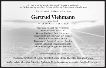 Traueranzeige von Gertrud Viehmann von Giessener Allgemeine, Alsfelder Allgemeine