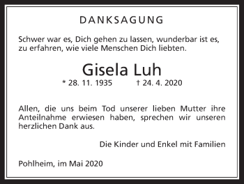 Traueranzeige von Gisela Luh von Pohlheimer Nachrichten