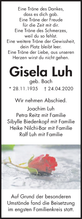 Traueranzeige von Gisela Luh von Giessener Allgemeine, Alsfelder Allgemeine