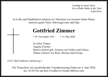 Traueranzeige von Gottfried Zimmer von Wetterauer Zeitung