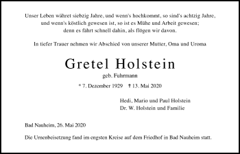Traueranzeige von Gretel Holstein von Wetterauer Zeitung