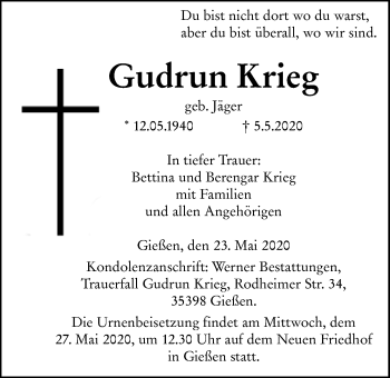 Traueranzeige von Gudrun Krieg von Giessener Allgemeine, Alsfelder Allgemeine