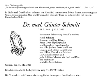 Traueranzeige von Günter Schmitt von Giessener Allgemeine, Alsfelder Allgemeine