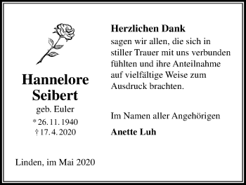 Traueranzeige von Hannelore Seibert von Giessener Allgemeine, Alsfelder Allgemeine