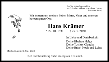Traueranzeige von Hans  Krämer von Wetterauer Zeitung