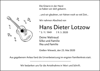 Traueranzeige von Hans Dieter Lotzow von Giessener Allgemeine, Alsfelder Allgemeine