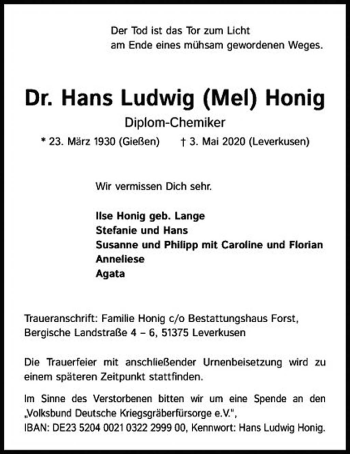 Traueranzeige von Hans Ludwig Honig von Giessener Allgemeine, Alsfelder Allgemeine