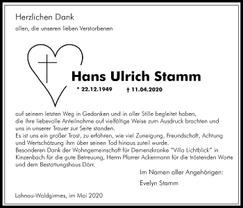 Traueranzeige von Hans Ulrich Stamm von Giessener Allgemeine, Alsfelder Allgemeine