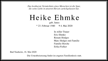 Traueranzeige von Heike Ehmke von Wetterauer Zeitung