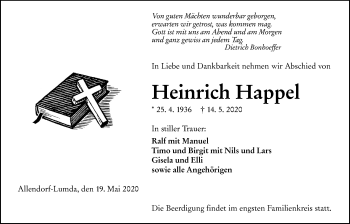 Traueranzeige von Heinrich Happel von Giessener Allgemeine, Alsfelder Allgemeine