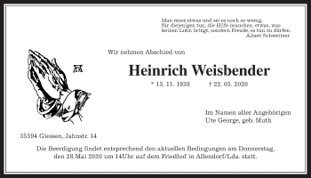 Traueranzeige von Heinrich Weisbender von Giessener Allgemeine, Alsfelder Allgemeine