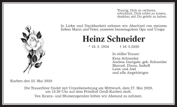 Traueranzeige von Heinz Schneider von Wetterauer Zeitung