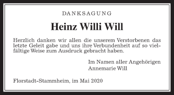 Traueranzeige von Heinz Willi Will von Wetterauer Zeitung
