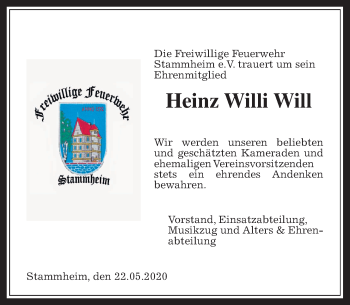 Traueranzeige von Heinz Willi Will von Wetterauer Zeitung