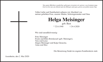 Traueranzeige von Helga Meisinger von Wetterauer Zeitung