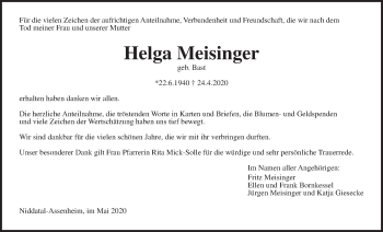 Traueranzeige von Helga Meisinger von Wetterauer Zeitung
