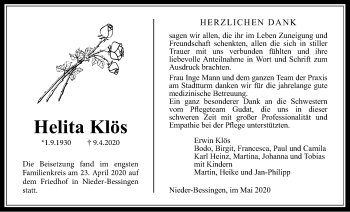 Traueranzeige von Helita Klös von Licher Wochenblatt