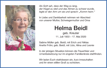 Traueranzeige von Helma Beidl von Bad Vilbel/Karben