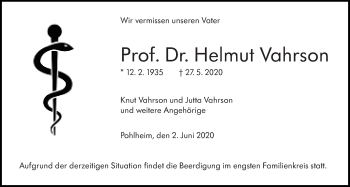 Traueranzeige von Helmut Vahrson von Giessener Allgemeine, Alsfelder Allgemeine