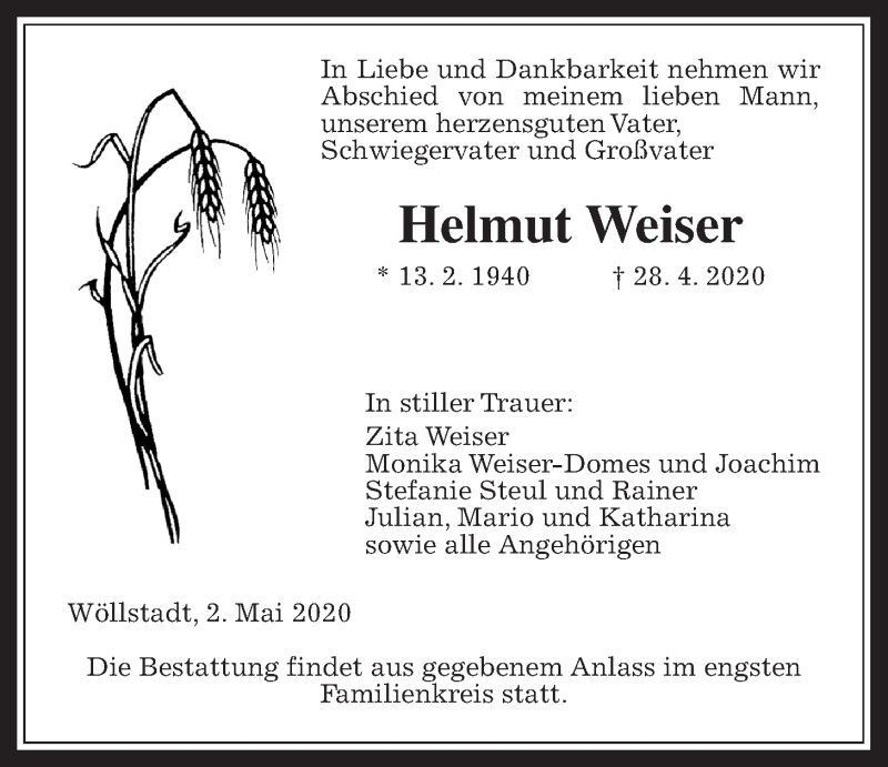  Traueranzeige für Helmut Weiser vom 02.05.2020 aus Wetterauer Zeitung