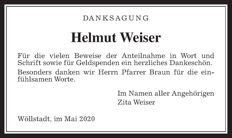  Traueranzeige für Helmut Weiser vom 16.05.2020 aus Wetterauer Zeitung