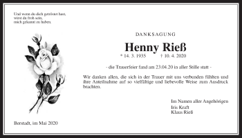Traueranzeige von Henny Rieß von Wetterauer Zeitung