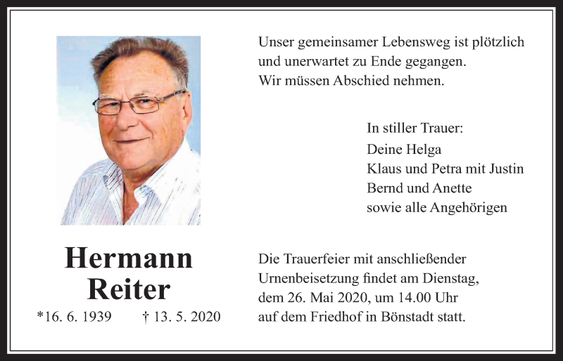  Traueranzeige für Hermann Reiter vom 16.05.2020 aus Wetterauer Zeitung