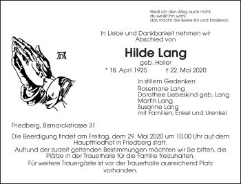Traueranzeige von Hilde Lang von Wetterauer Zeitung
