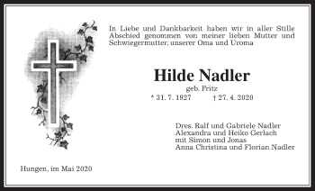 Traueranzeige von Hilde Nadler von Giessener Allgemeine, Alsfelder Allgemeine