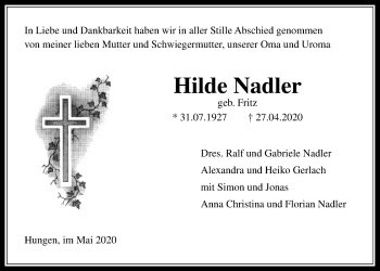 Traueranzeige von Hilde Nadler von Licher Wochenblatt