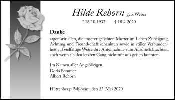 Traueranzeige von Hilde Rehorn von Giessener Allgemeine, Alsfelder Allgemeine