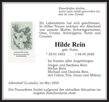 Traueranzeige von Hilde Rein von Giessener Allgemeine, Alsfelder Allgemeine