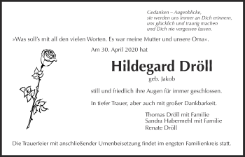 Traueranzeige von Hildegard Dröll von Licher Wochenblatt
