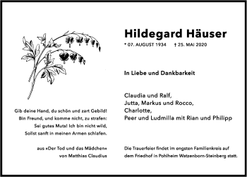 Traueranzeige von Hildegard Häuser von Giessener Allgemeine, Alsfelder Allgemeine