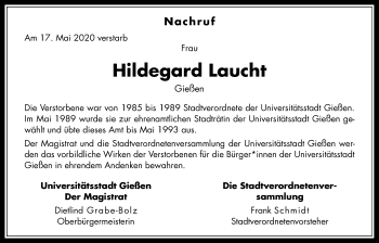 Traueranzeige von Hildegard Laucht von Giessener Allgemeine, Alsfelder Allgemeine
