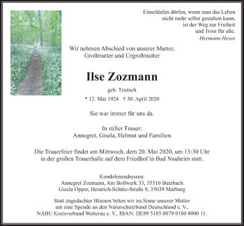 Traueranzeige von Ilse Zozmann von Wetterauer Zeitung