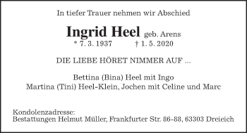 Traueranzeige von Ingrid Heel von Wetterauer Zeitung