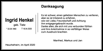 Traueranzeige von Ingrid Henkel von Giessener Allgemeine, Alsfelder Allgemeine