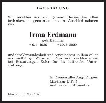 Traueranzeige von Irma Erdmann von Mücker Stimme