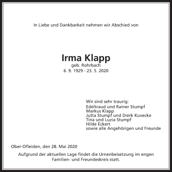 Traueranzeige von Irma Klapp von Alsfelder Allgemeine