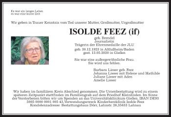 Traueranzeige von Isolde Feez von Wetterauer Zeitung, Giessener Allgemeine, Alsfelder Allgemeine