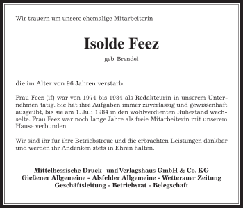 Traueranzeige von Isolde Feez von Giessener Allgemeine, Alsfelder Allgemeine, Wetterauer Zeitung